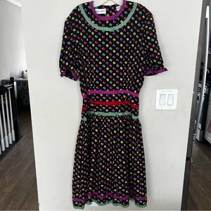 Vintage Albert Nipon Black Dress Colorful polka Dots back buttons. Size 12.